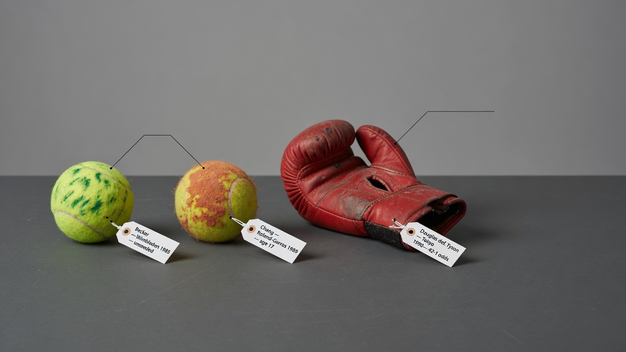 Sachliches Stillleben mit drei Sportartefakten auf grauem Hintergrund: links ein grasbefleckter Tennisball (Becker, Wimb