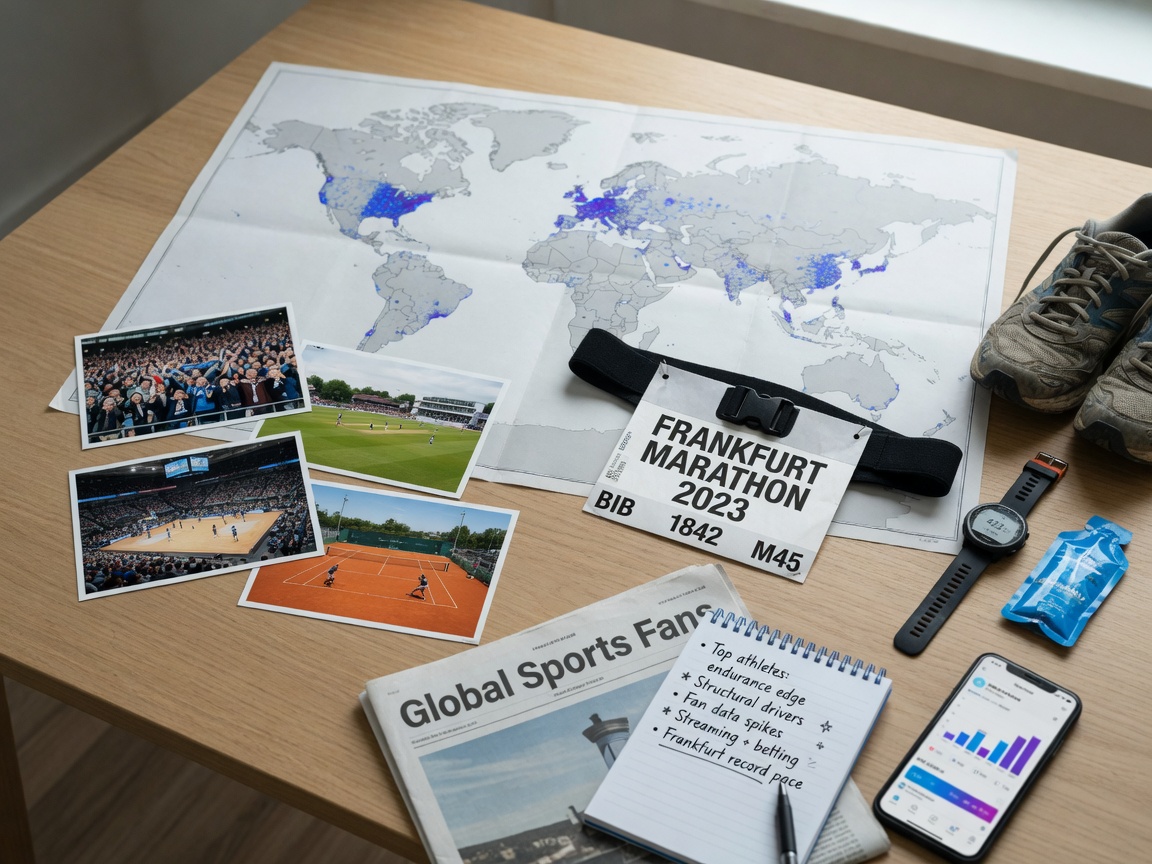 Editorial still-life photo on a wooden desk: world map with fan heat dots, small
