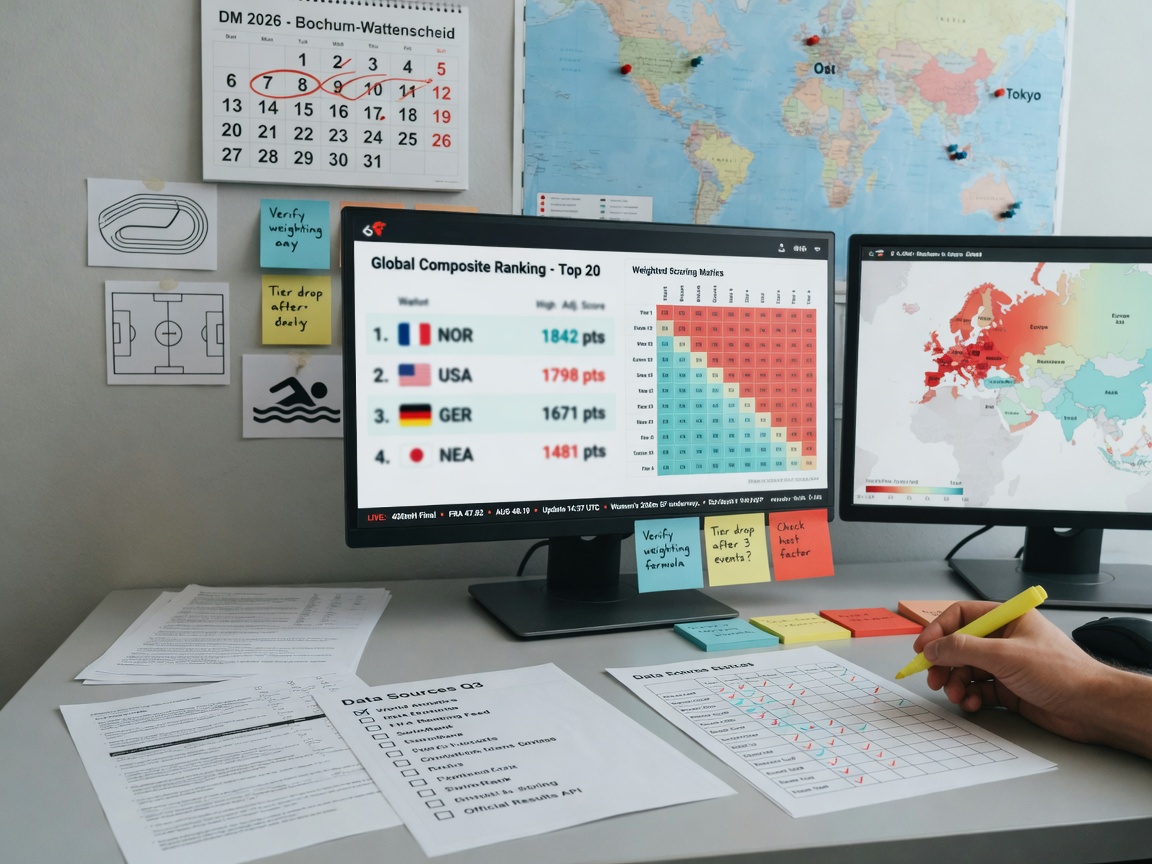 Photographic scene of a multi-screen analyst desk visualizing how international sports rankings are built
