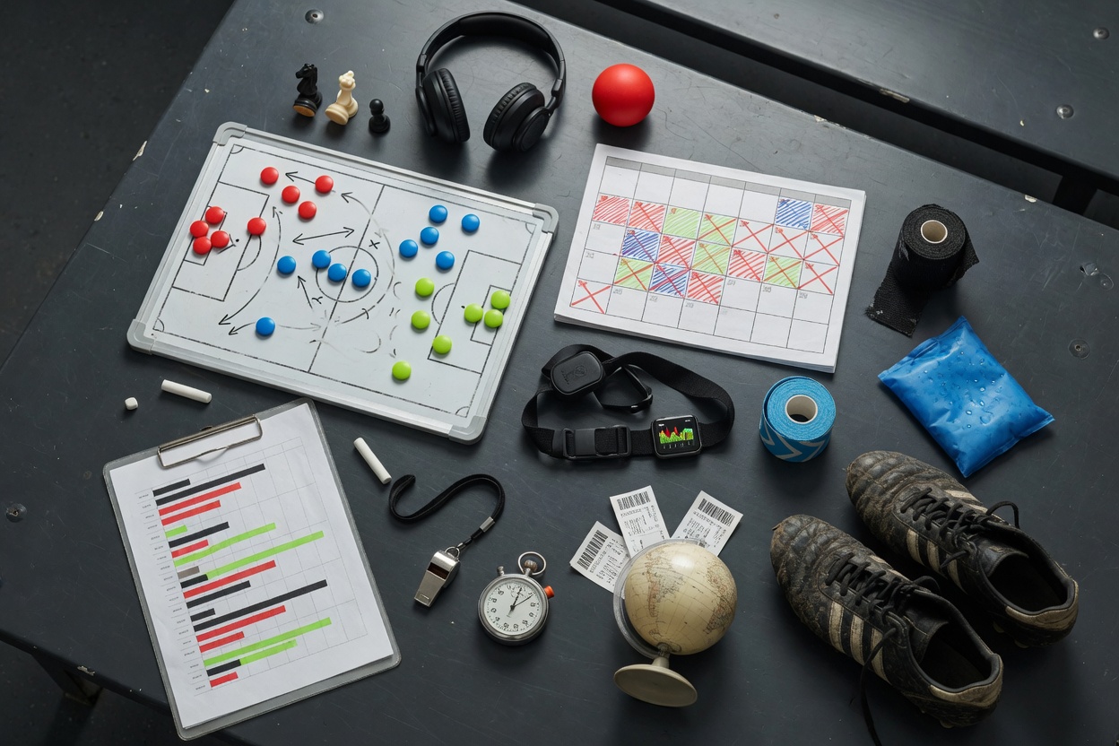 Editorial sports still life, moody side-lit coach’s desk photographed from above: laptop with a