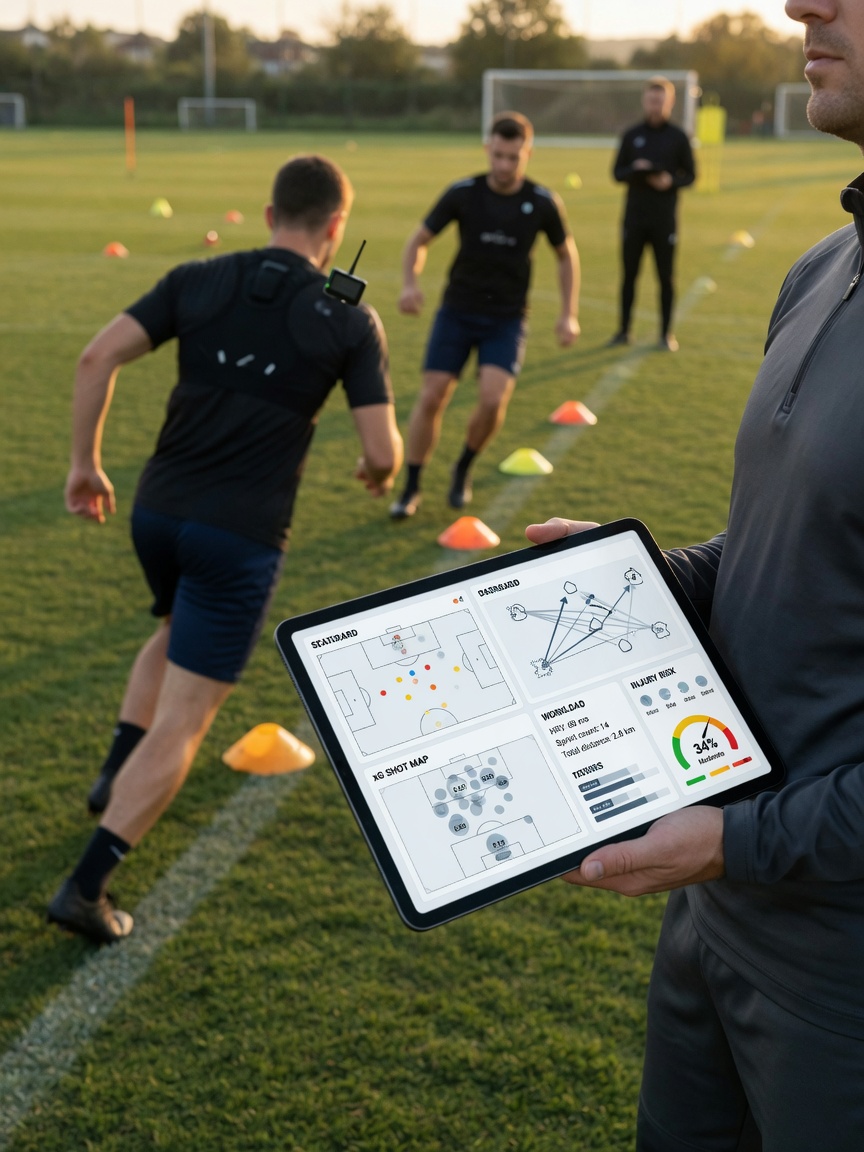 Sports scientist reviews tablet with live soccer analytics during training as players in GPS