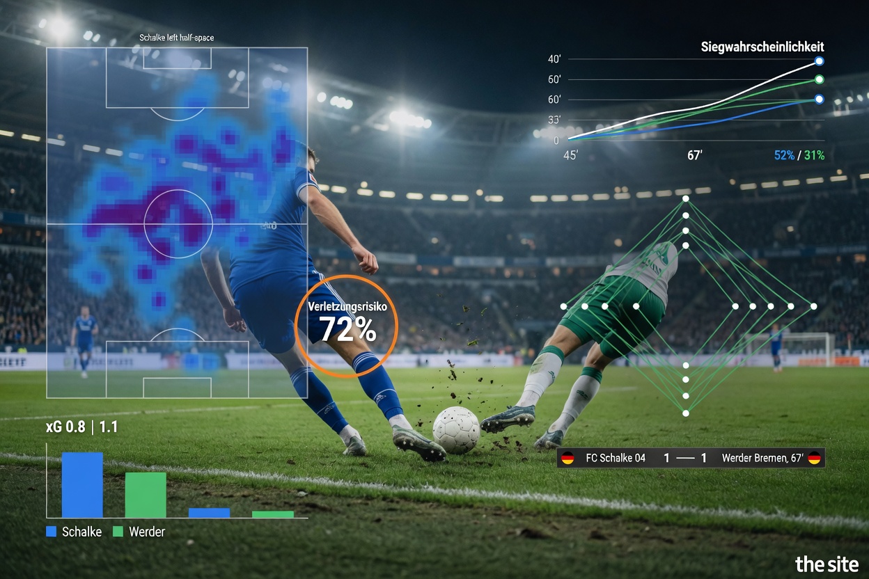Fotografische Fußballszene Schalke (blau) vs Bremen (grün) mit transparenten Daten-Overlays zu Taktik, Verletzungsrisiko