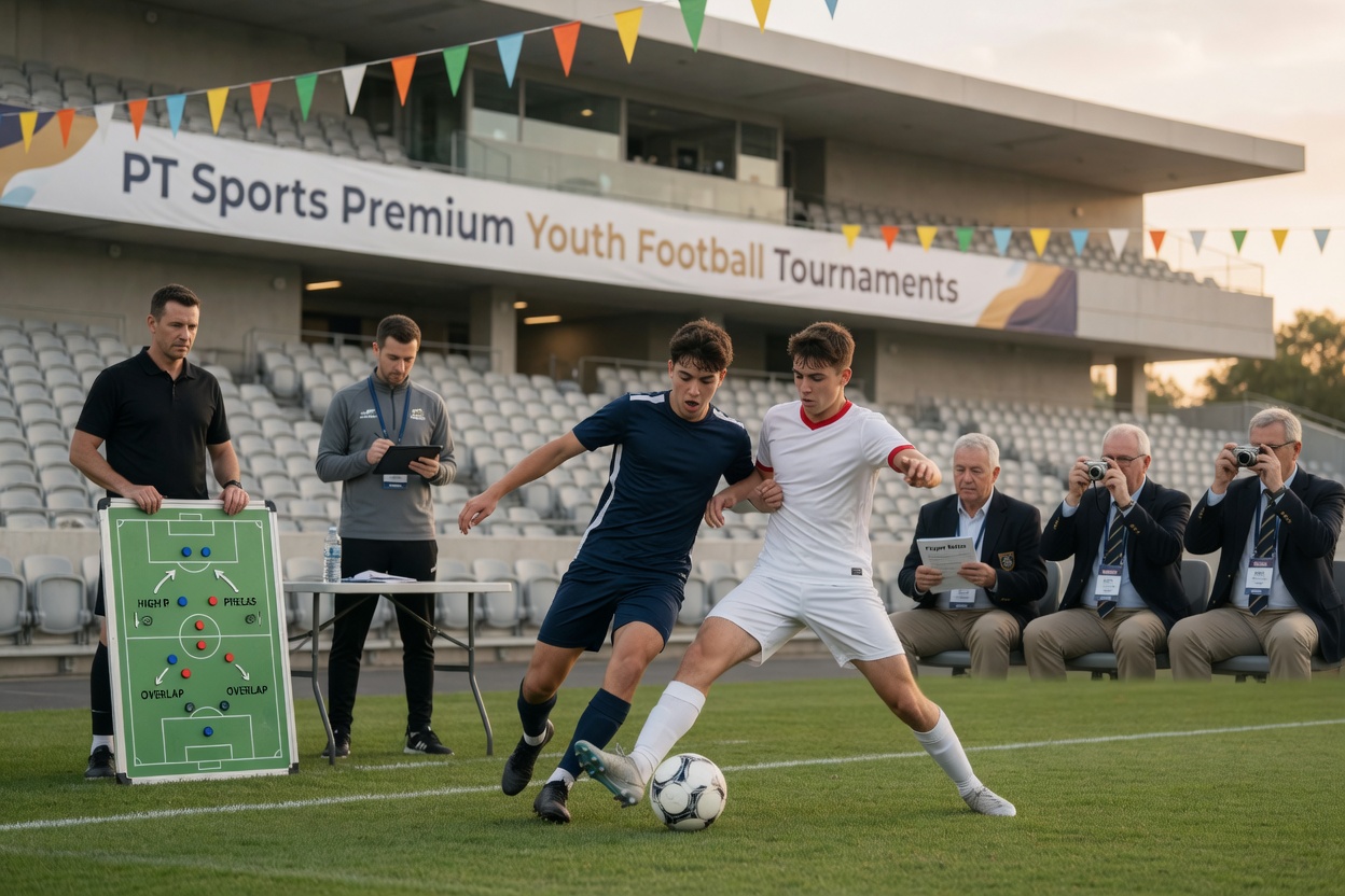 Youth footballers in clean, unbranded kits contest the ball as coaches and scouts observe