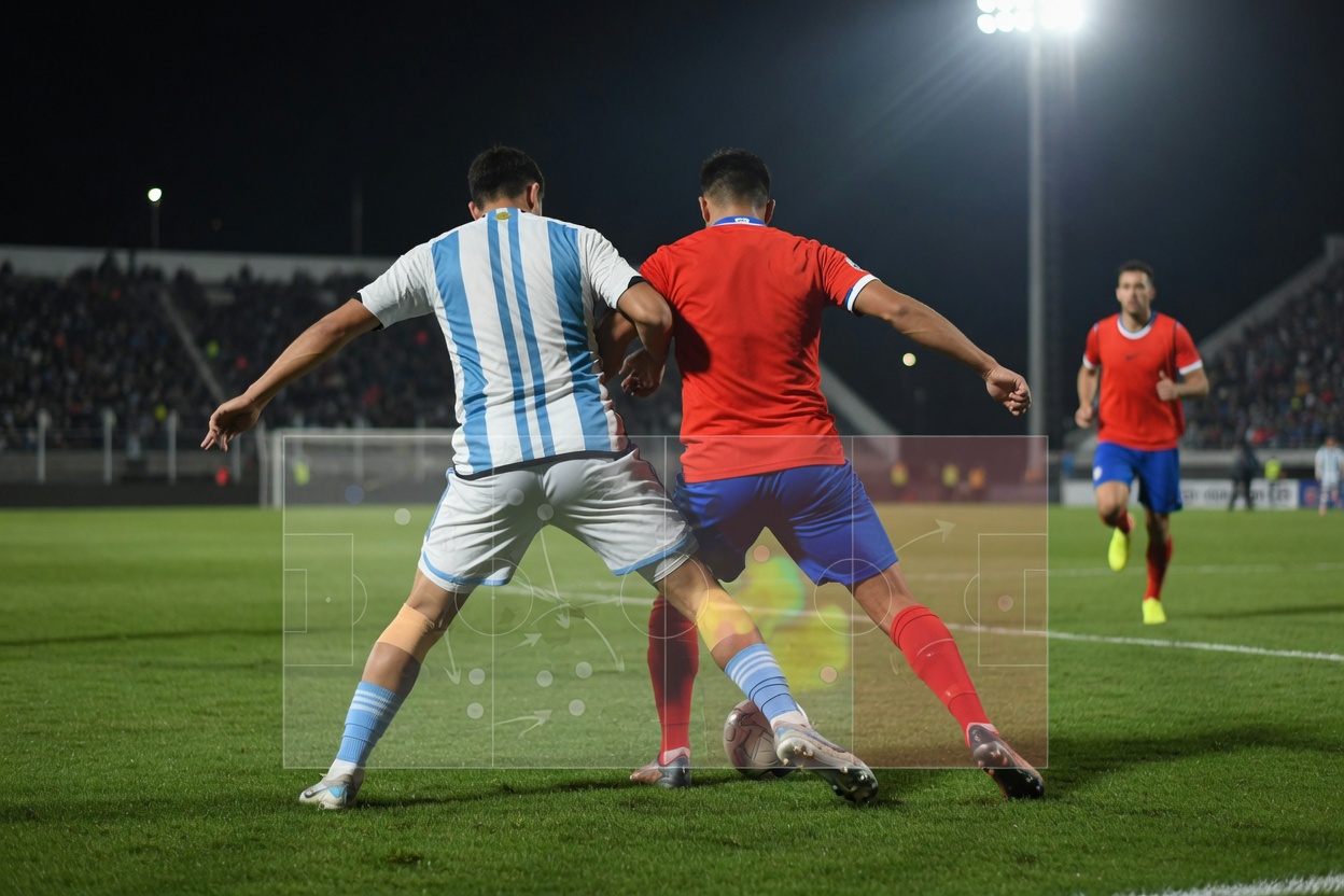 Argentinien gegen Chile: zwei anonyme Spieler (Argentinien in himmelblau-weiß, Chile in Rot) im intensiven