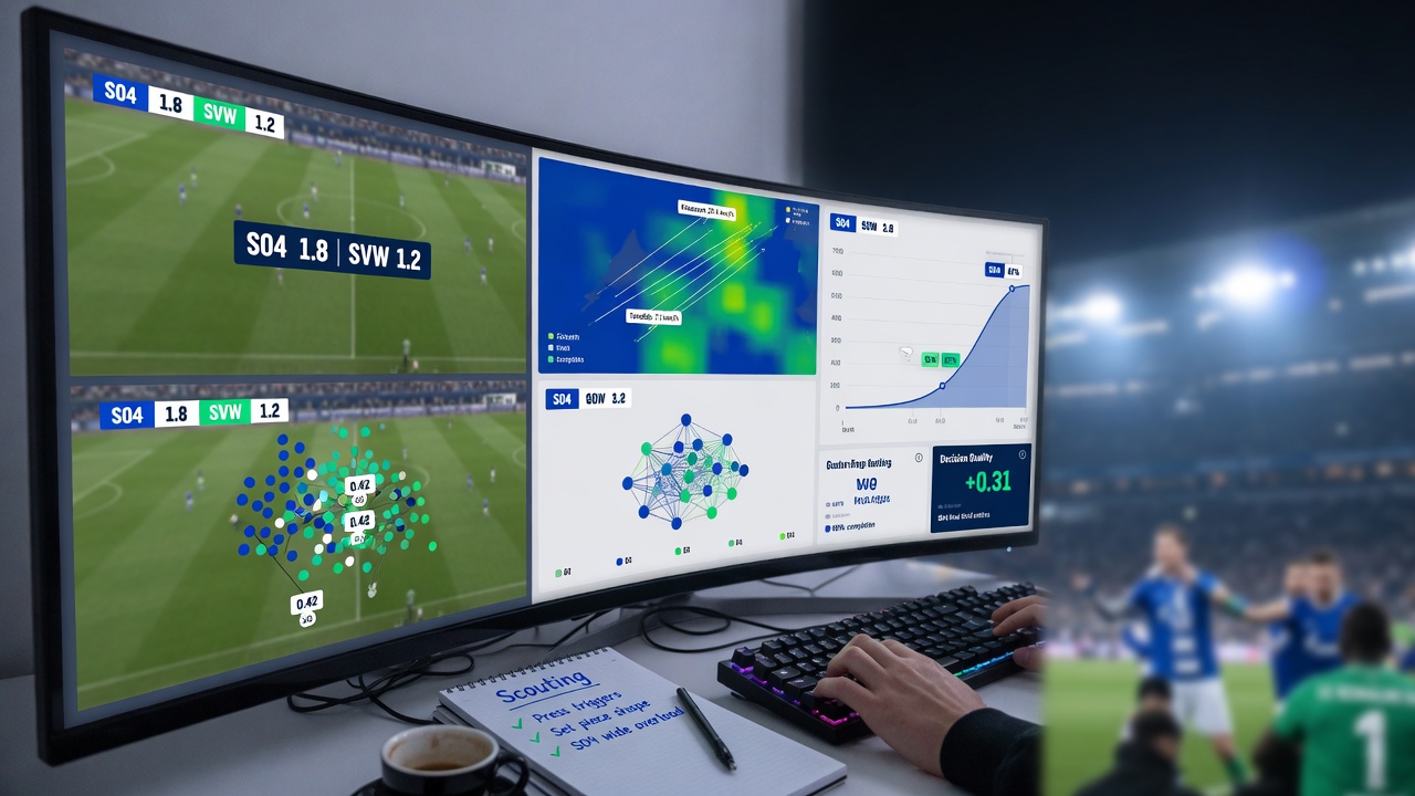 Photographic scene of a football analyst’s desk with dual screens showing data-driven overlays—xG, shot