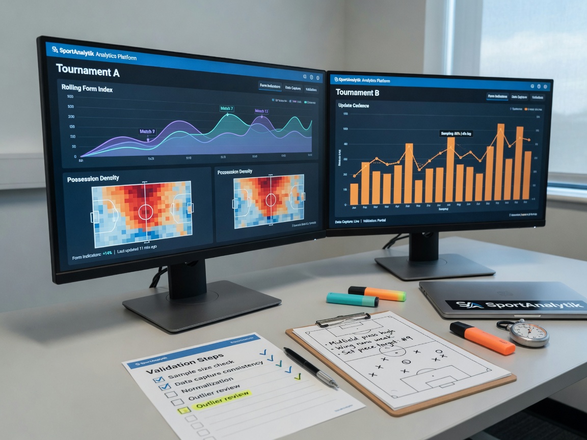 Photographic scene of a SportAnalytik analyst’s desk with two monitors comparing tournament statistics and
