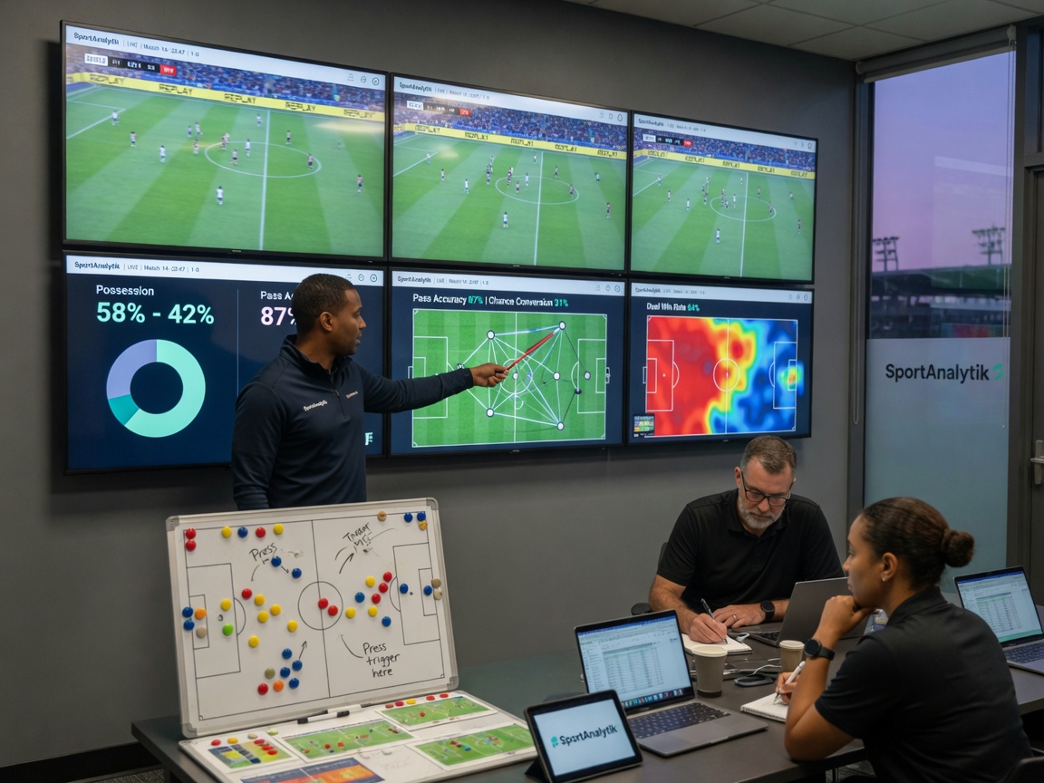 A photorealistic sports analytics room with coaches reviewing multi-angle football footage and on-screen metrics